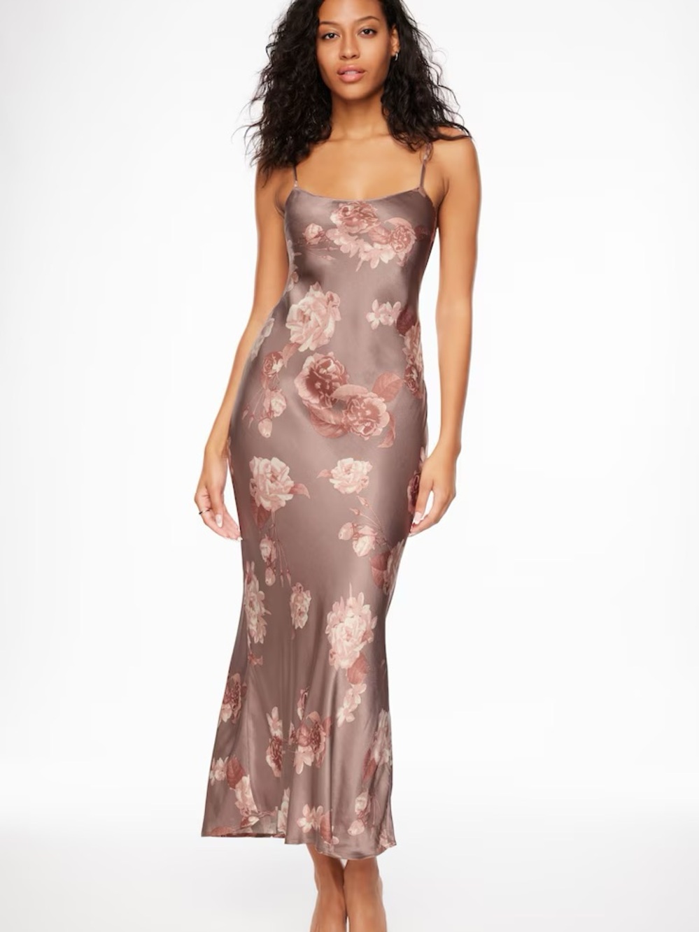 Dynamite Rose-Print Satin Maxi Slip Dress in Taupe and Blush